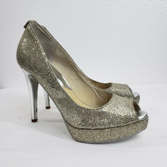 Michael Kors Peep Toe Slip On Pumps Gold‎ Silver Women Size 6 M Platform Heels - Picture 3 of 12